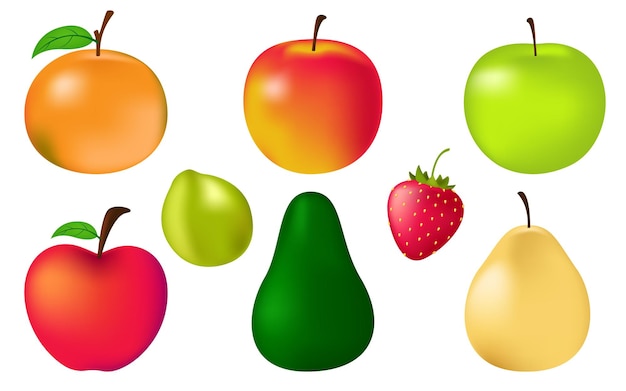 Conjunto de frutas con manzana naranja lima aguacate fresa y pera al estilo de dibujos animados para alimentos saludables y F