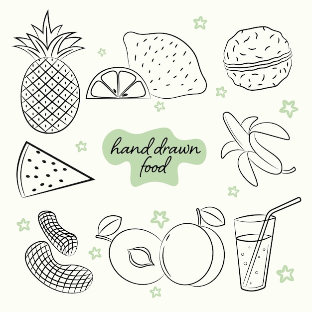 Un conjunto de frutas y nueces dibujadas a mano.