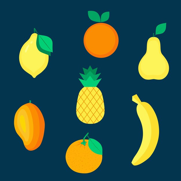 Vector conjunto de frutas orgánicas en color amarillo y naranja.