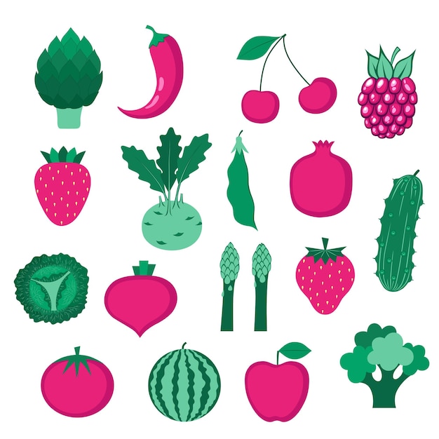 Vector conjunto de frutas orgánicas verduras y bayas aisladas sobre fondo blanco estilo de vida saludable ilustración vectorial en estilo plano