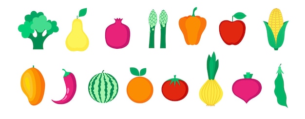 Conjunto de frutas orgánicas verduras y bayas aisladas sobre fondo blanco Estilo de vida saludable Ilustración vectorial en estilo plano