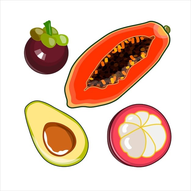 Conjunto con frutas papaya aguacate y mangostán Comida vegetariana saludable delicioso sabroso tropical