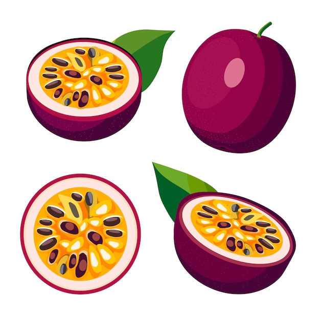 Conjunto de frutas de la pasión y rebanadas Frutas vectoriales aisladas en estilo plano Clipart de verano para el diseño