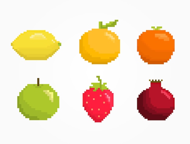 Conjunto de frutas de píxeles iconos de 8 bits de estilo antiguo comida saludable