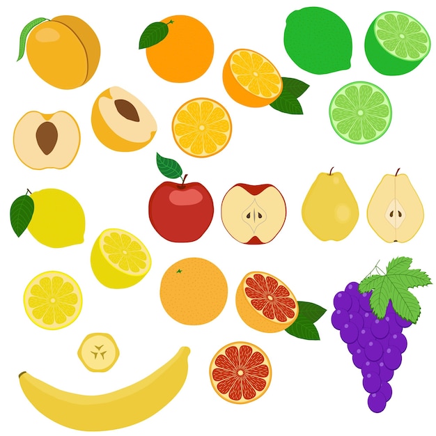 Vector conjunto de frutas y rodajas de frutas. objetos aislados sobre un fondo blanco.