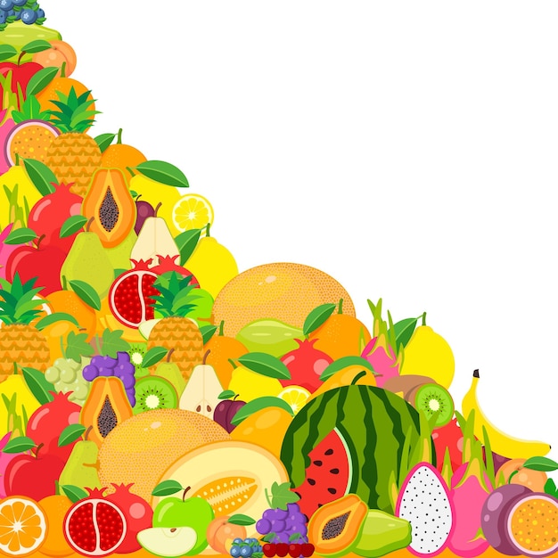 Vector conjunto de frutas sandía piña melocotón limón vegetariano naranja comida manzana pera plátano cereza fresa uvas kiwi mango melón ciruela papaya aislado en el fondo