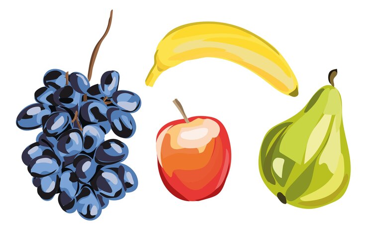 Vector conjunto de frutas sobre un fondo blanco manzana plátano pera y uva estilo de dibujos animados