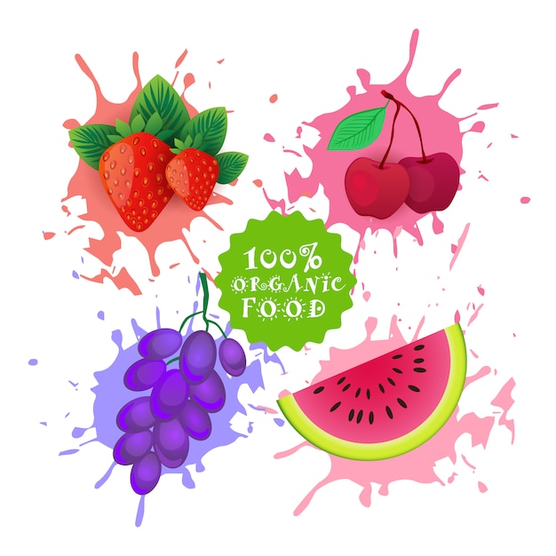 Conjunto de frutas sobre pintura Concepto de productos de granja de alimentos naturales Splash Fresh Juice Logo