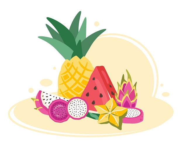 Conjunto de frutas tropicales Colección de frutas exóticas frescas Nutrición orgánica natural Postre de frutas Vector