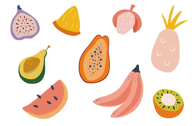 Vector conjunto de frutas tropicales de doodle. fruta tropical natural, papaya, piña, plátano, aguacate, higo, lichi, fruta del dragón, sandía, kiwi. ilustración de dibujos animados de vector plano aislado sobre fondo blanco