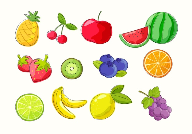 Vector conjunto de frutas tropicales en estilo dibujado a mano.