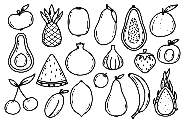 Conjunto de frutas tropicales Estilo Doodle Colección de frutas dibujadas a mano manzana pera fruta del dragón papaya