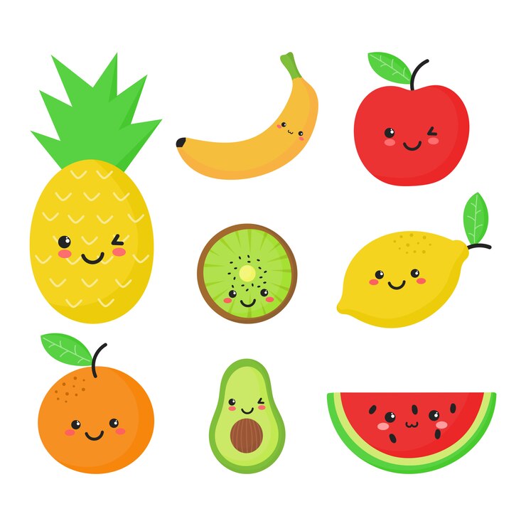 Conjunto de frutas tropicales en estilo kawaii