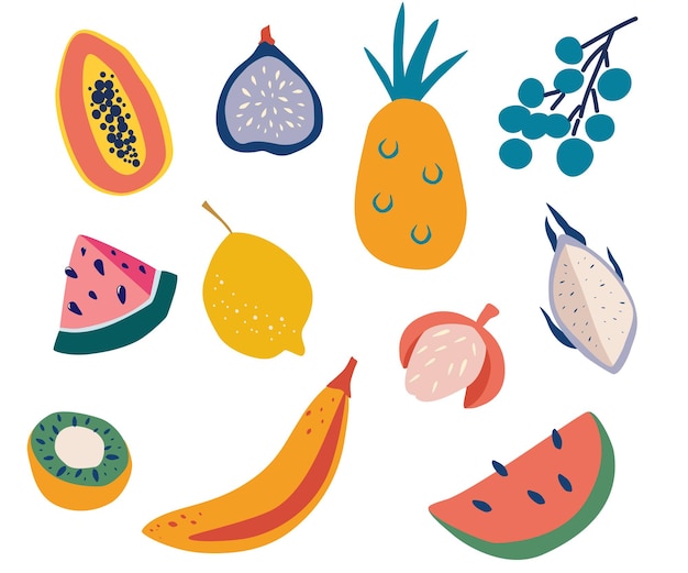 Conjunto de frutas tropicales exóticas. Fruta jugosa y madura: papaya, higos, uvas, limón, plátano, sandía, lichi, kiwi. Elemento de diseño de dieta o estilo de vida saludable. Ilustración de vector plano.