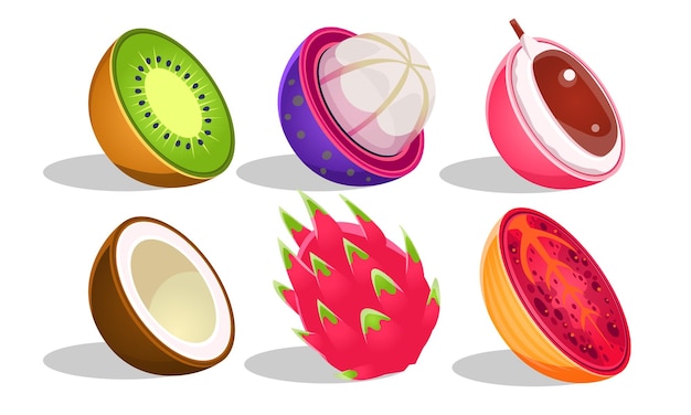 Conjunto de frutas tropicales Kiwi Mangosteen Frutas del dragón Coco Lychee Ilustración vectorial