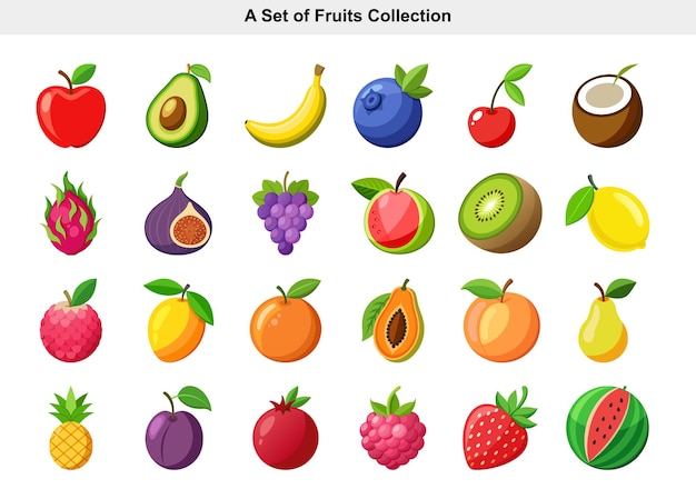 Conjunto de frutas variadas Ilustración fresca y colorida de manzanas, plátanos y frutas tropicales