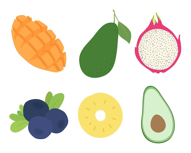 Conjunto de frutas vectoriales. Diseño de fruta del dragón, piña, mango, aguacate, bayas silvestres