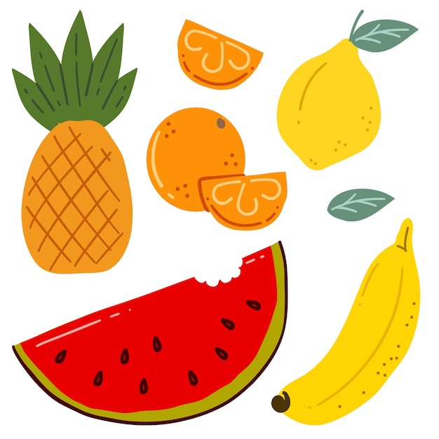 Conjunto de frutas vectoriales con sandía piña plátano limón naranja simple plano brillante colores jugosos tro