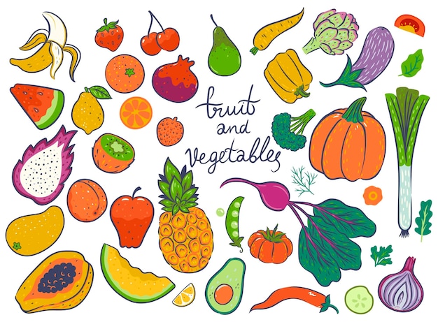 Vector conjunto de frutas y verduras aisladas sobre fondo blanco