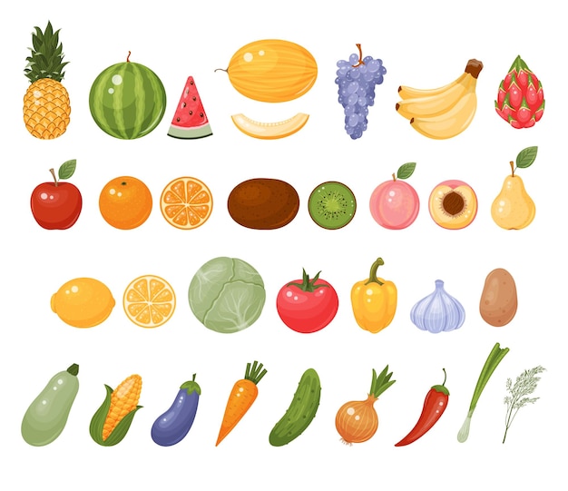 Conjunto de frutas y verduras Aislado en blanco Ilustración vectorial Estilo de dibujos animados