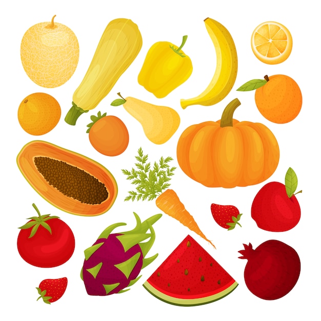 Vector conjunto de frutas y verduras amarillo, naranja, rojo.