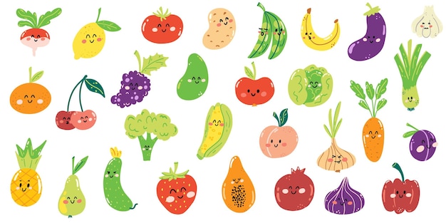 Vector conjunto de frutas y verduras bonitas dibujadas a mano al estilo kawaii alimentos frescos y saludables llenos de vitaminas