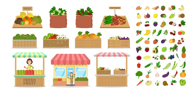 Conjunto de frutas y verduras. Comida en caja de madera. Mercado con comida sana. Manzana y patata, rábano y zanahoria. Ilustración de vector plano aislado