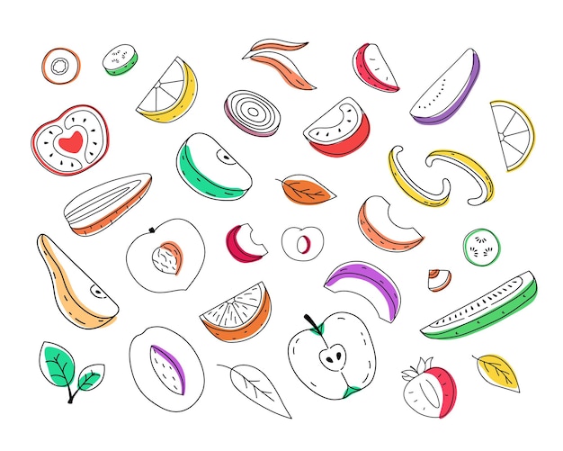 Conjunto de frutas y verduras cortadas a mano Ilustración de Doodle