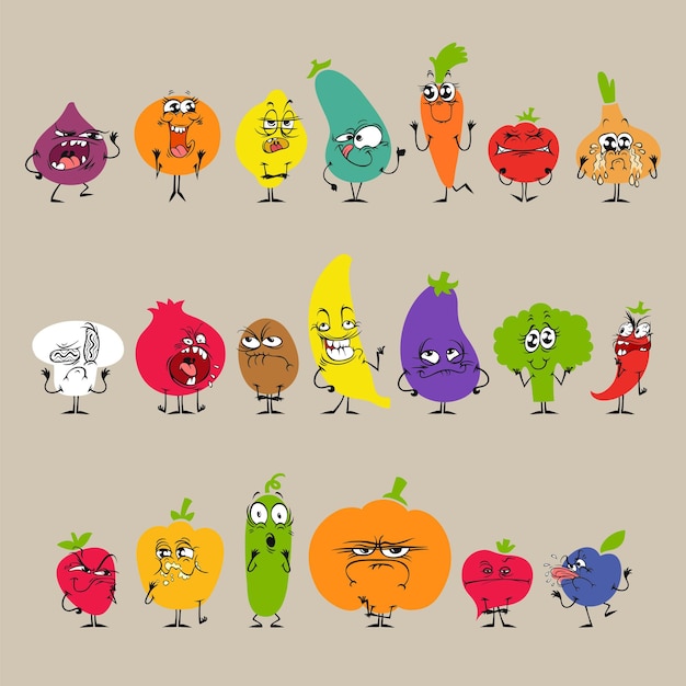 Conjunto de frutas y verduras de dibujos animados con expresiones faciales