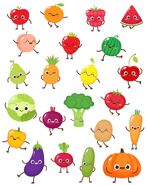 Vector conjunto de frutas y verduras de dibujos animados