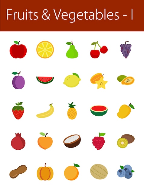 Conjunto de frutas y verduras e íconos