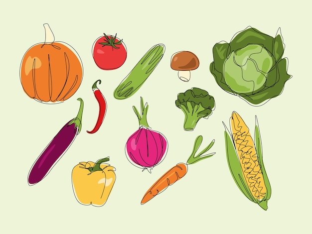 Vector conjunto de frutas y verduras en un estilo de dibujo de línea continua e ilustración vectorial de color