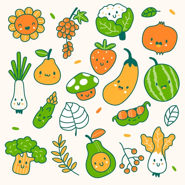 Vector conjunto de frutas y verduras en estilo kawaii