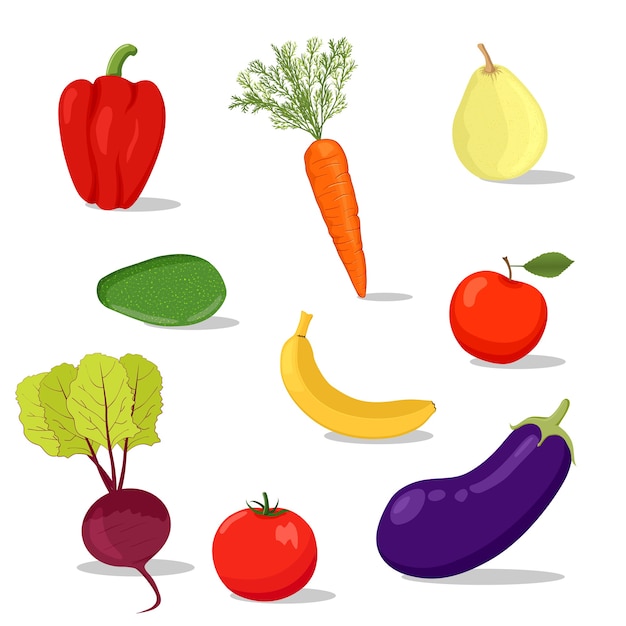 Vector conjunto de frutas y verduras frescas de dibujos animados