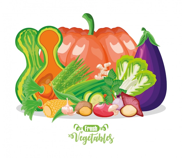 Vector conjunto de frutas y verduras frescas.
