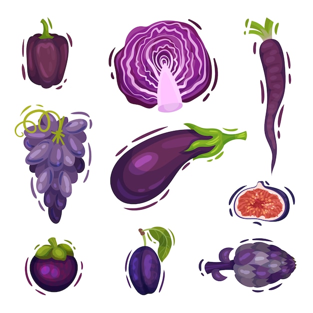 Vector conjunto de frutas y verduras moradas