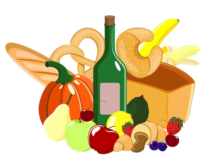 Vector conjunto de frutas y verduras, panes, bollos, croissants y una botella de vino.