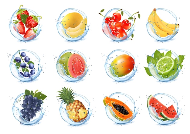 Conjunto de frutas y verduras en salpicaduras de agua Mango sandía cereza arándano melón dulce piña fresa uva papaya plátano guayaba en salpicaduras de agua y gotas Ilustración vectorial