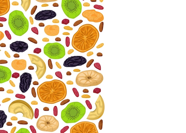 Vector conjunto de frutos secos muestra imagen multicolor de rodajas secas de manzana kiwi naranja con ciruelas pasas y bayas secas de agracejo y pasas