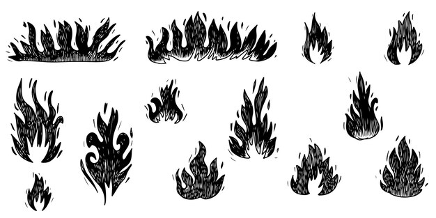 Conjunto de fuego dibujado a mano y bola de fuego aislado sobre fondo blanco. Ilustración de vector de Doodle.