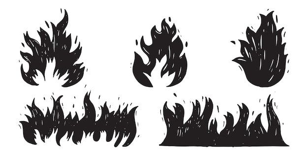 Conjunto de fuego dibujado a mano y bola de fuego aislado sobre fondo blanco. Ilustración de vector de Doodle.