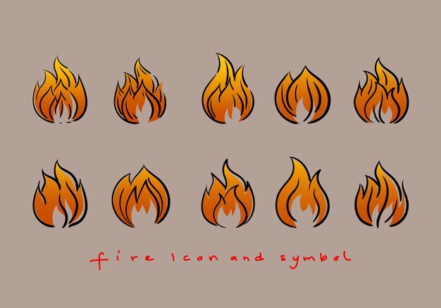 Conjunto de fuego frontera fuego llamas llama icono signo y símbolo ilustración vectorial efecto de luz caliente
