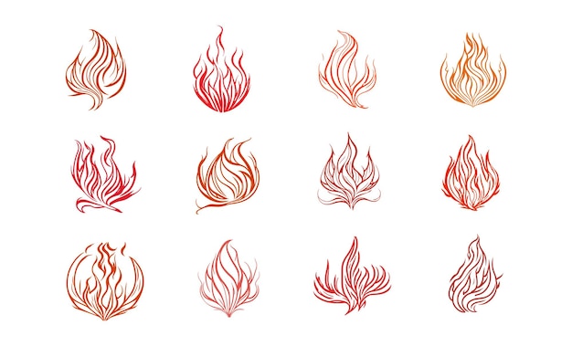 Conjunto de fuego de llama ardiente y hoguera en colores rojo naranja y amarillo ilustración vectorial