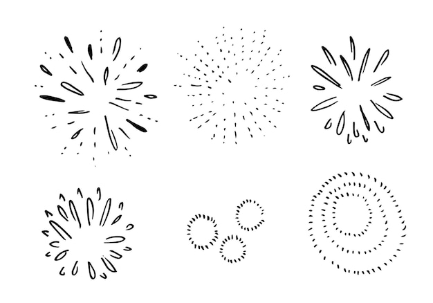 Conjunto de fuegos artificiales aislados sobre un fondo blanco dibujado a mano a partir de elementos de diseño de fuegos artificiosos ilustración vectorial