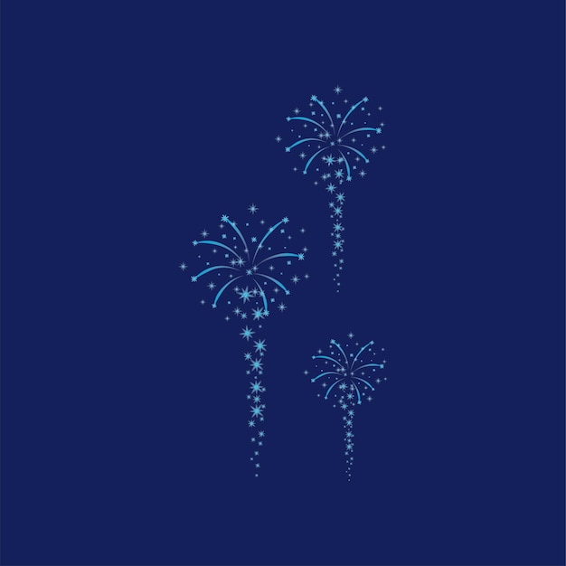 Conjunto de fuegos artificiales azules sobre fondo azul oscuro ilustración vectorial