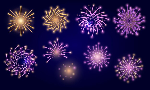 conjunto de fuegos artificiales coloridos y saludo