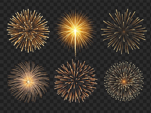 Conjunto de fuegos artificiales dorados realistas.