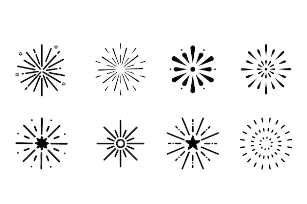 Conjunto de fuegos artificiales negros sobre un fondo blanco