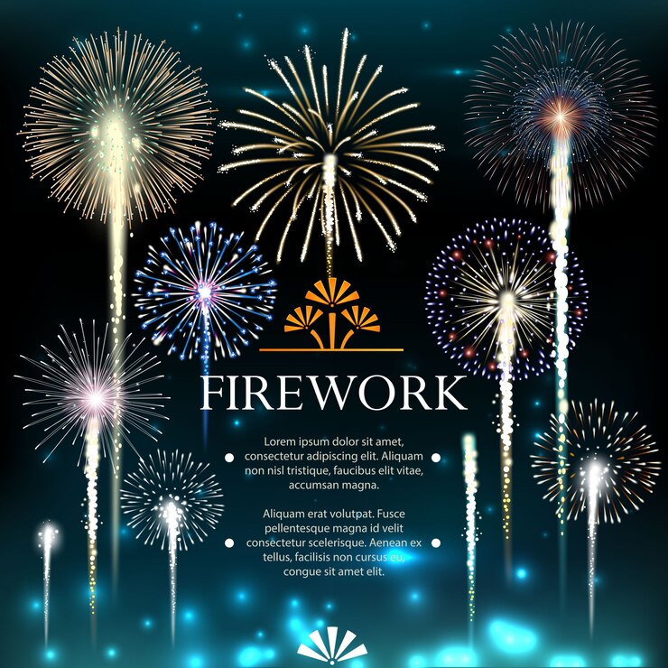 Vector conjunto de fuegos artificiales, pancarta festiva, invitación a unas vacaciones. ilustración