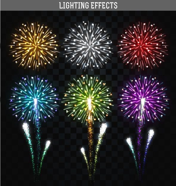 Conjunto de fuegos artificiales. Saludos coloridos brillantes realistas. ilustración vectorial